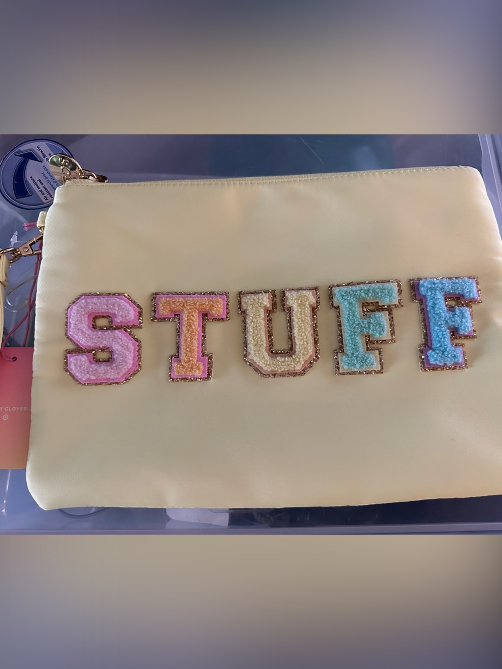 Stoney Clover Lane Pastel Yellow 'STUFF' Embroidered Pouch NWT